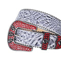 Red Rhinestones with Grey Textured Strap and Skull Buckles Rhinestone Belt-Belts-The Rhinestone Belts