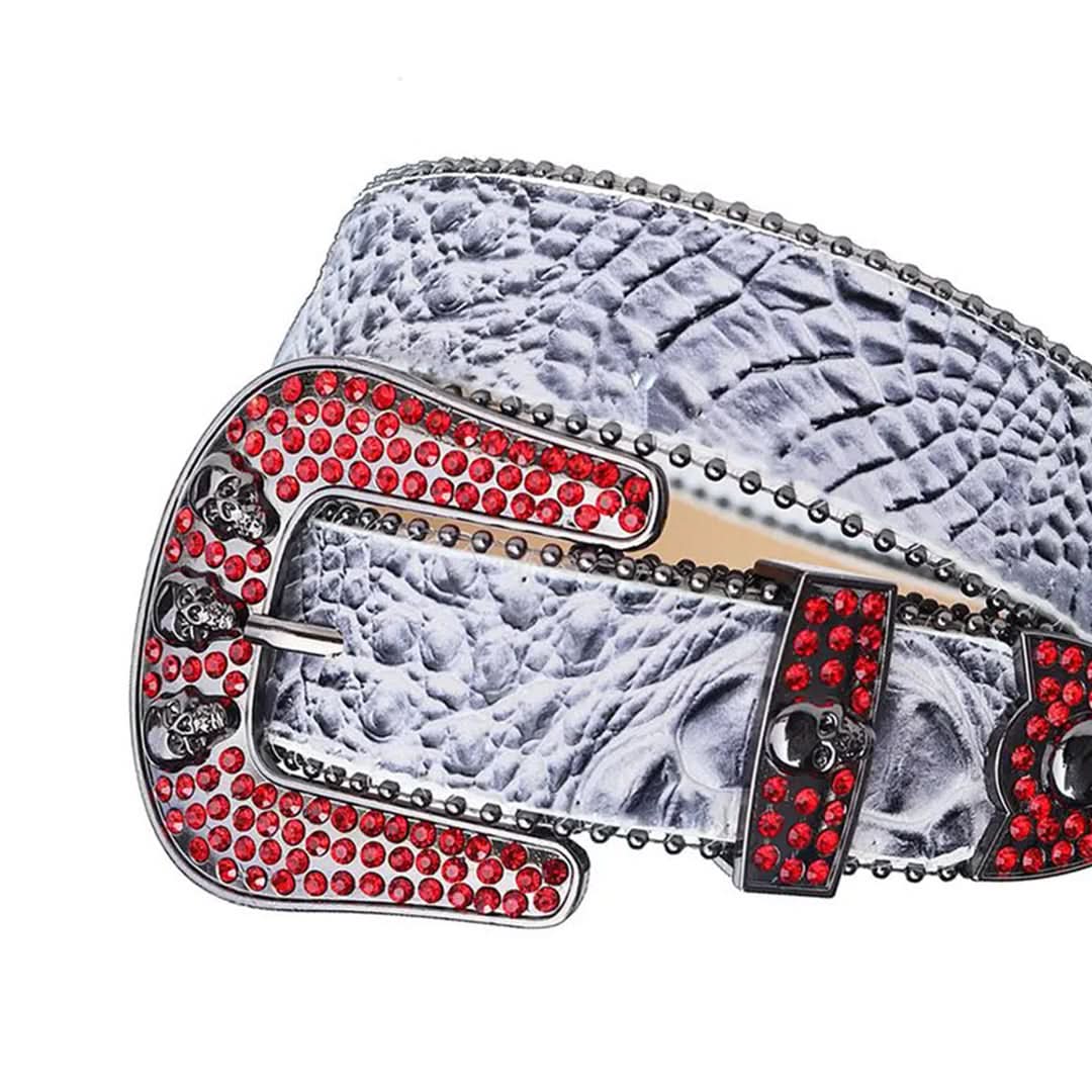 Red Rhinestones with Grey Textured Strap and Skull Buckles Rhinestone Belt-Belts-The Rhinestone Belts