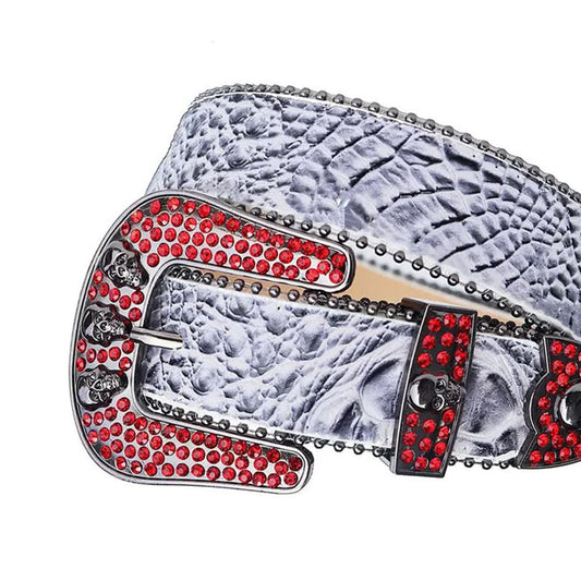 Red Rhinestones with Grey Textured Strap and Skull Buckles Rhinestone Belt-Belts-The Rhinestone Belts