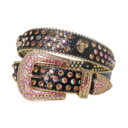 Pink and Gold Rhinestones with Skull Studs and Black Strap Rhinestone Belt-Belts-The Rhinestone Belts