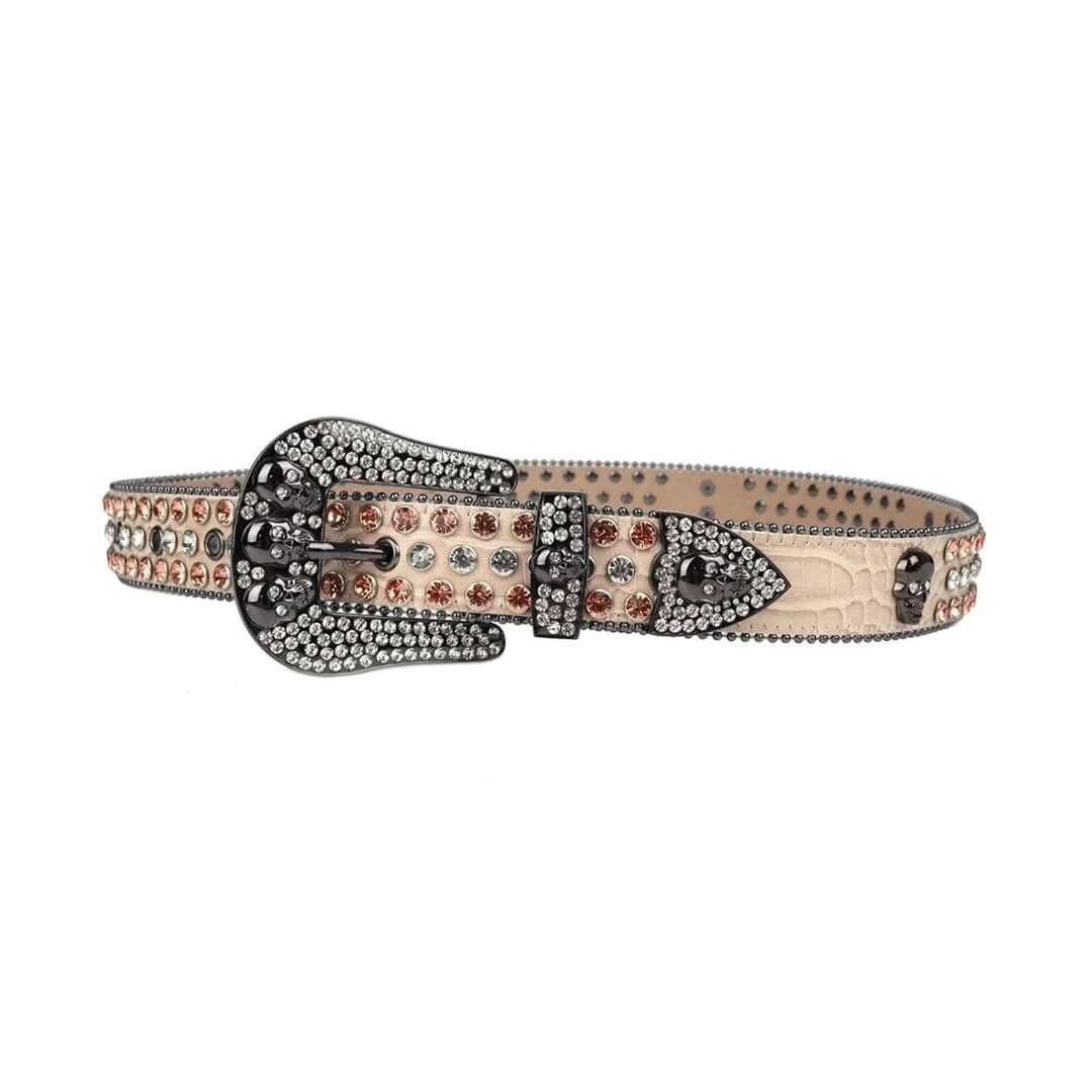 Skull Buckle Beige Strap with Brown and Crystal Studs Rhinestone Belt-Belts-The Rhinestone Belts