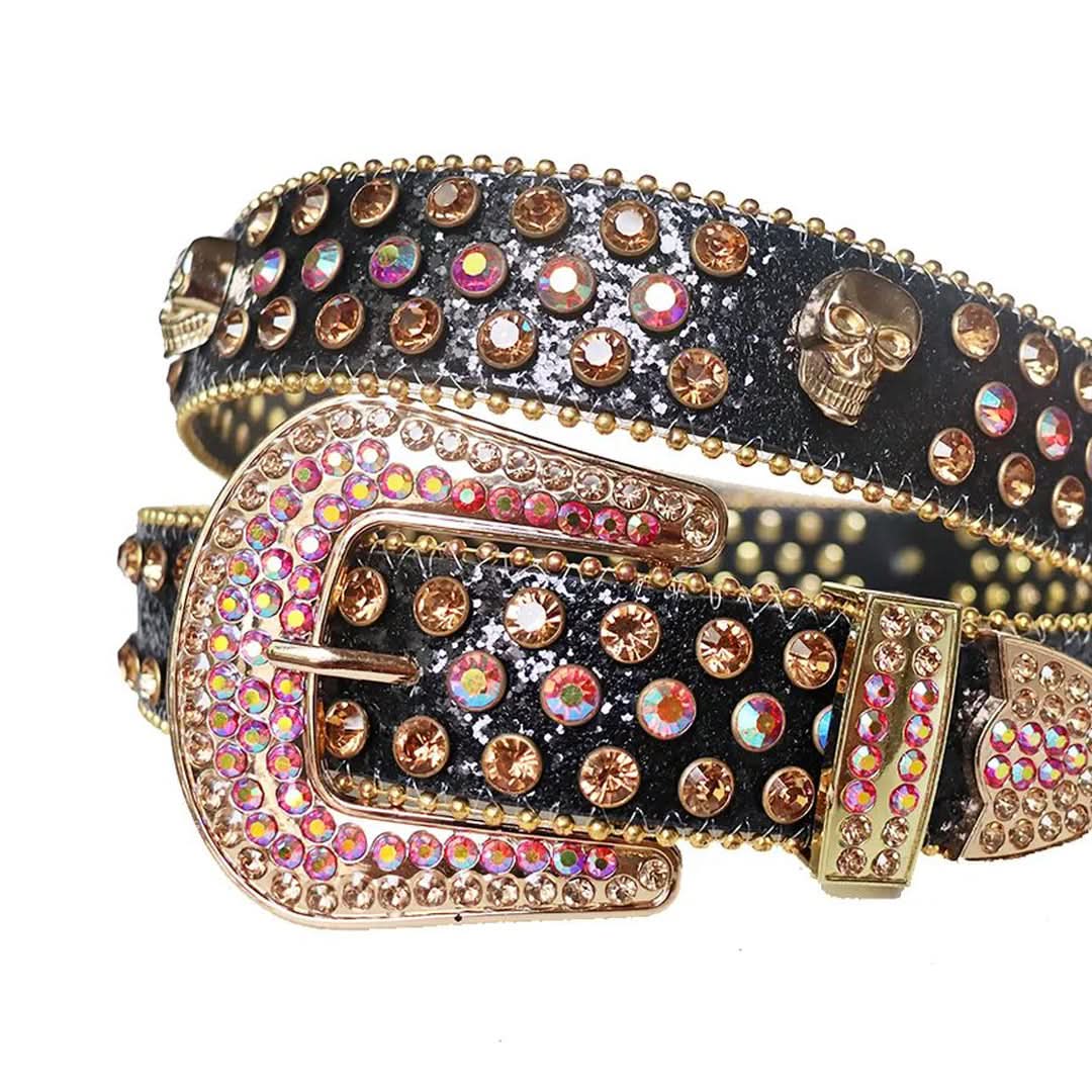 Pink and Gold Rhinestones with Skull Studs and Black Strap Rhinestone Belt-Belts-The Rhinestone Belts