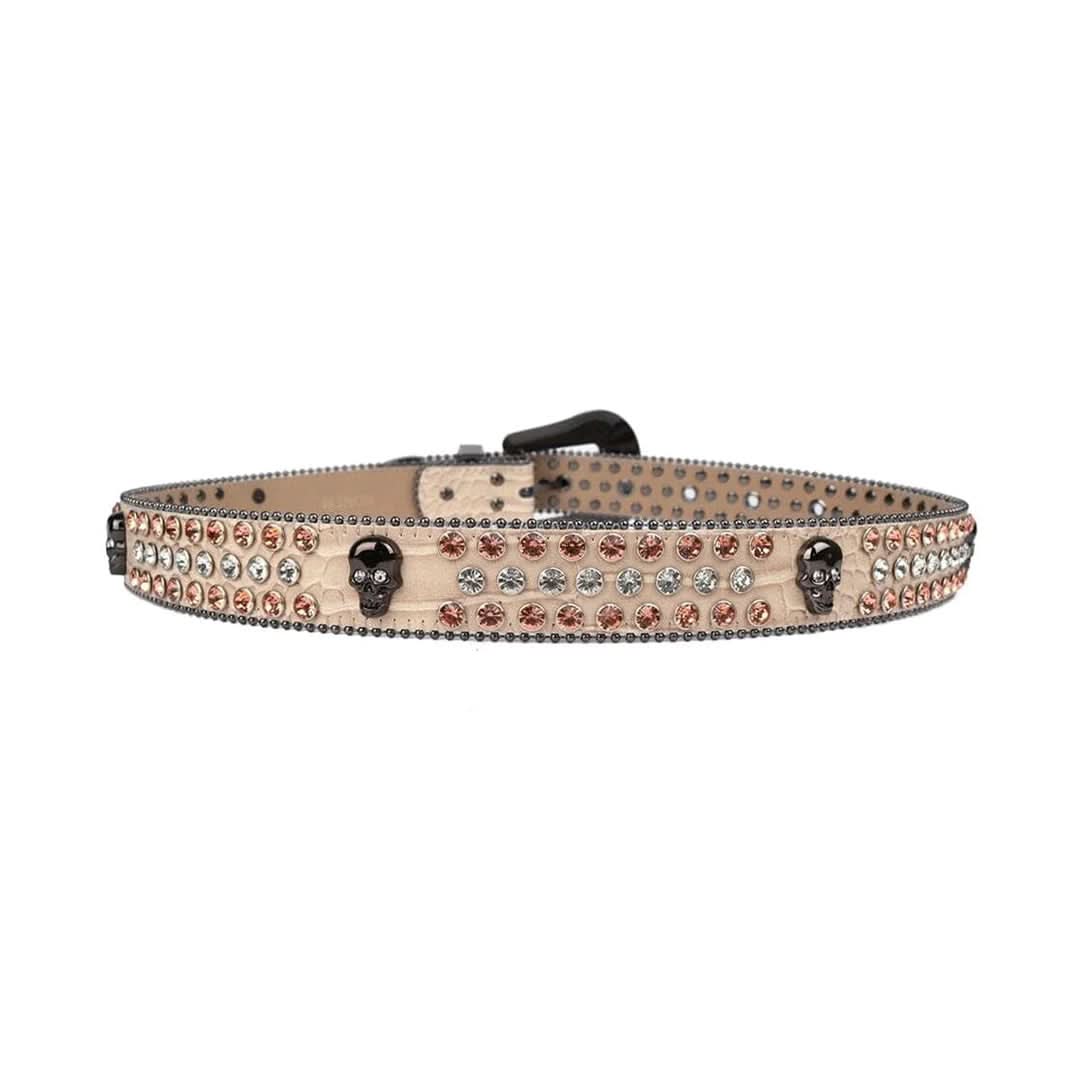 Skull Buckle Beige Strap with Brown and Crystal Studs Rhinestone Belt-Belts-The Rhinestone Belts