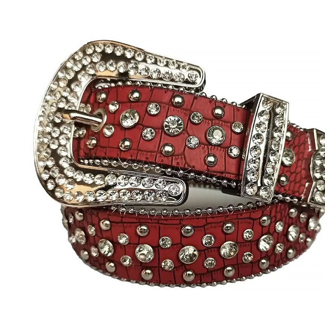 Diamond Rhinestones and Silver Studs with Red Texture Strap Rhinestone Belt-Belts-The Rhinestone Belts