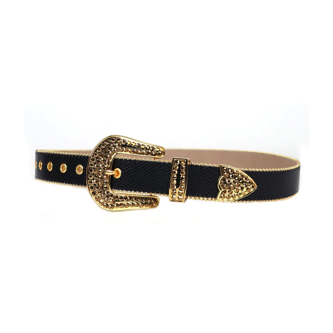 Black Strap with Gold Studs Rhinestone Belt-Belts-The Rhinestone Belts