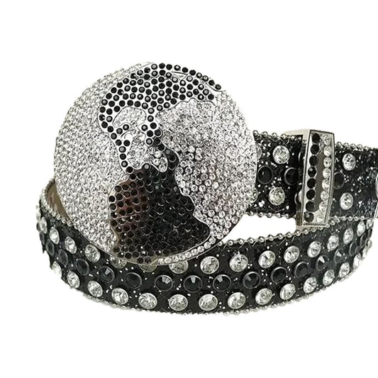 Black and Diamond Rhinestones with Black Glitter Strap and Globe Buckle Rhinestone Belt-Belts-The Rhinestone Belts