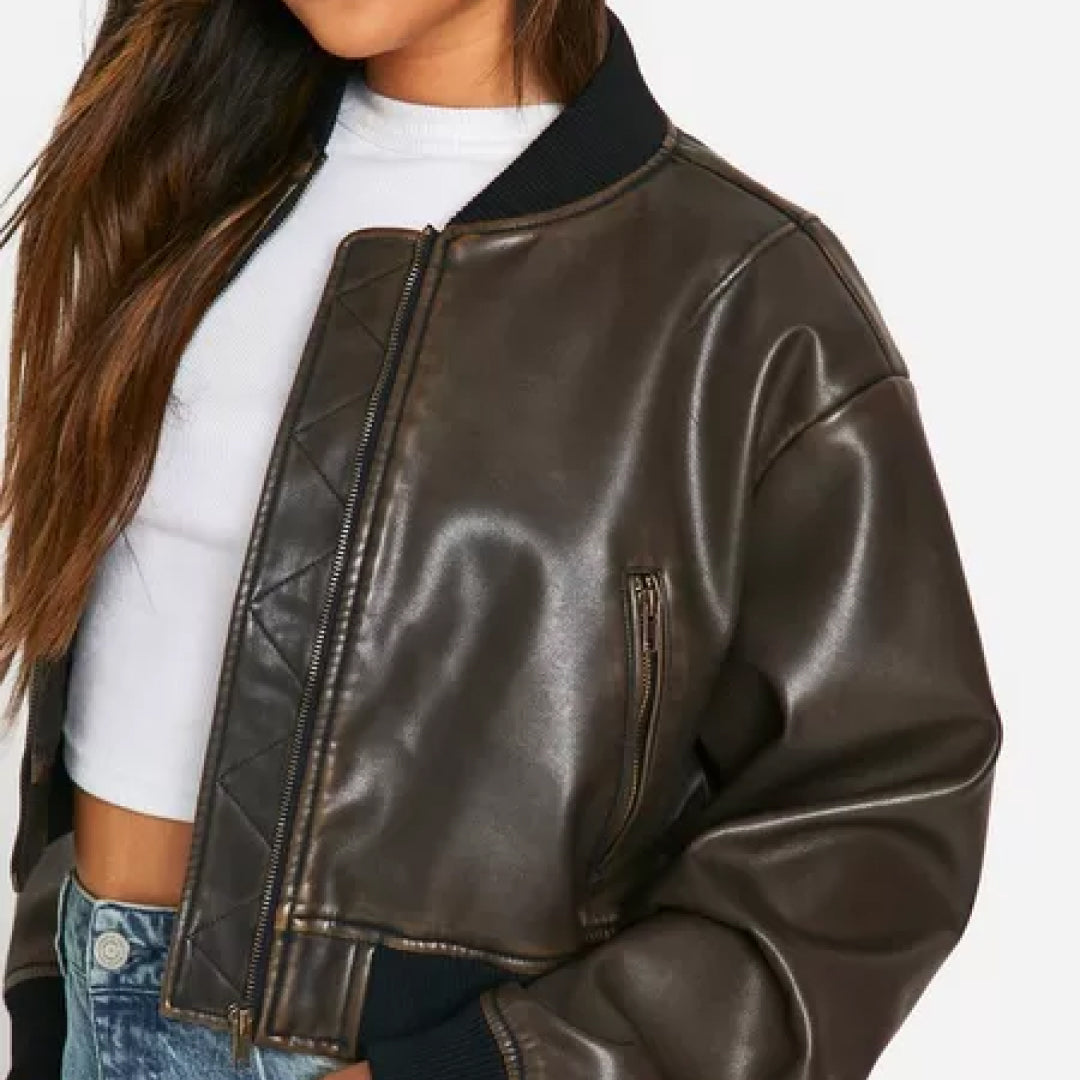 Women's Faux Leather Oversized Cropped Bomber Jacket