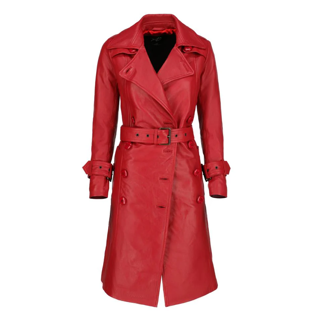 Women's Red Double Breasted Leather Trench Coat