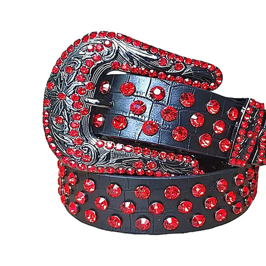 Red Rhinestones with Black Textured Strap Rhinestone Belt-Belts-The Rhinestone Belts