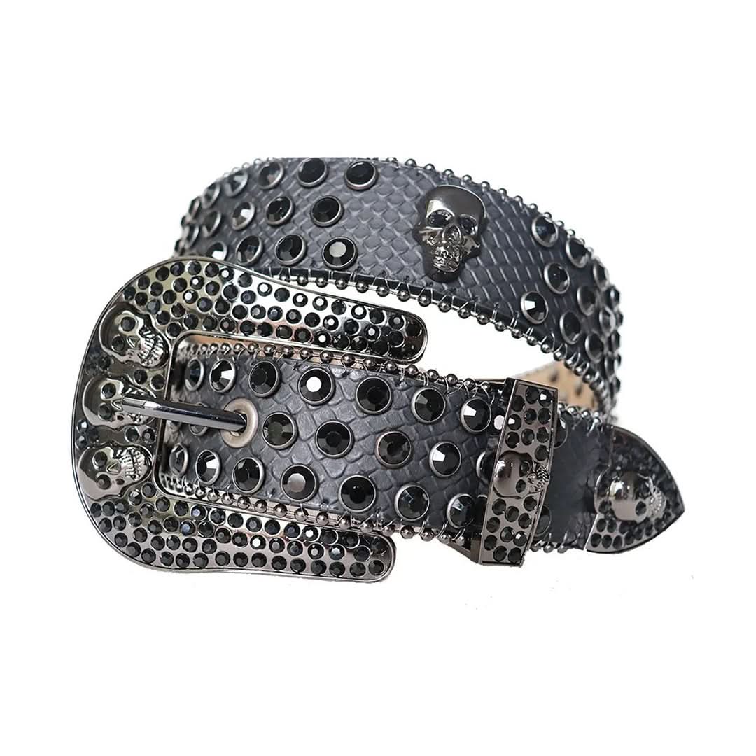 Black Rhinestones with Charcoal Snake Texture Strap and Skull Buckles Rhinestone Belt-Belts-The Rhinestone Belts