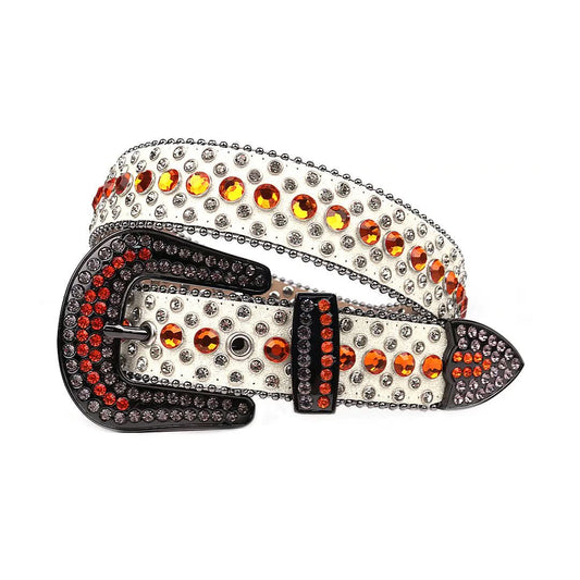 White Strap with Orange and Crystal Studs Rhinestone Belt-Belts-The Rhinestone Belts