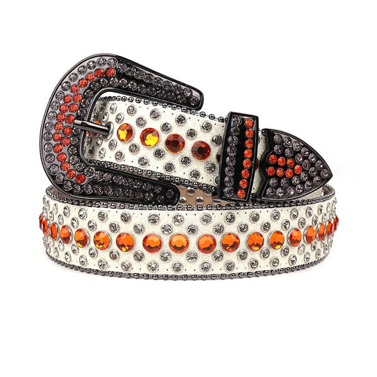 White Strap with Orange and Crystal Studs Rhinestone Belt-Belts-The Rhinestone Belts