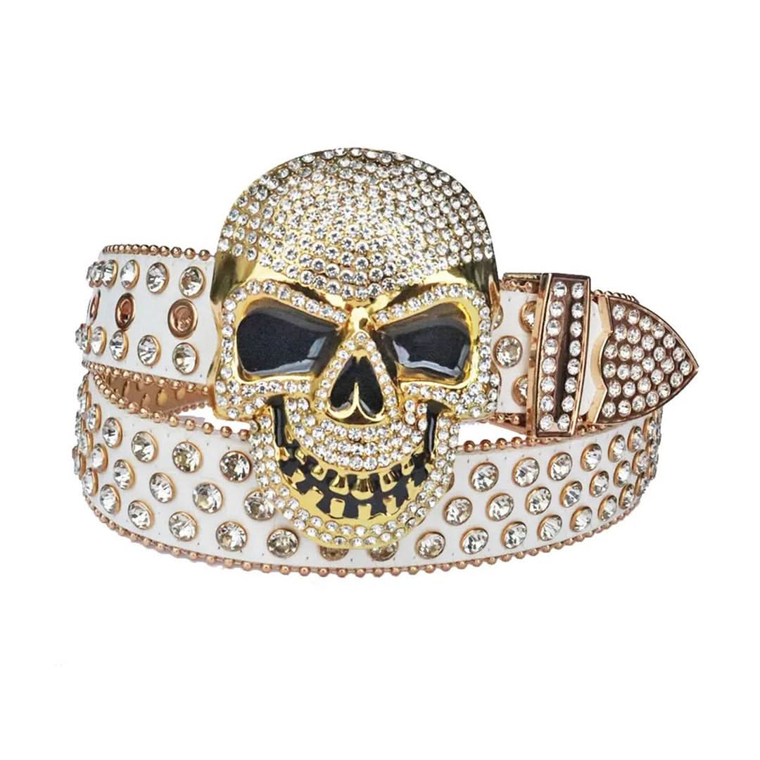 Diamond Rhinestones with White Strap and Skull Buckles Rhinestone Belt-Belts-The Rhinestone Belts