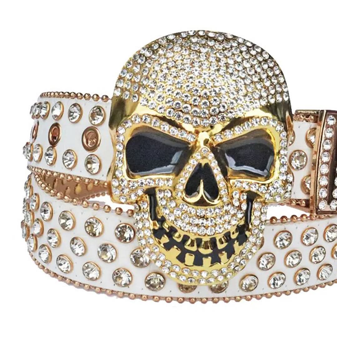 Diamond Rhinestones with White Strap and Skull Buckles Rhinestone Belt-Belts-The Rhinestone Belts