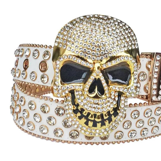 Diamond Rhinestones with White Strap and Skull Buckles Rhinestone Belt-Belts-The Rhinestone Belts