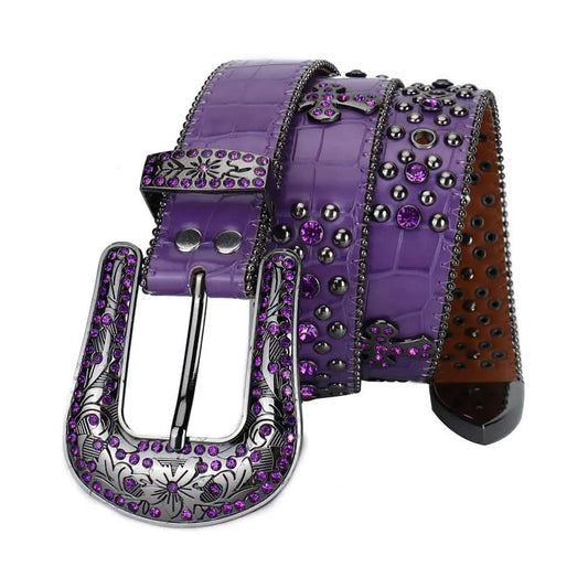 Purple Rhinestones and Silver Studs with Purple Textured Strap Rhinestone Belt-Belts-The Rhinestone Belts
