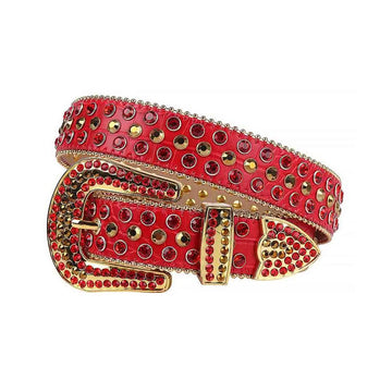 Red Strap with Red and Gold Studs Rhinestone Belt-Belts-The Rhinestone Belts