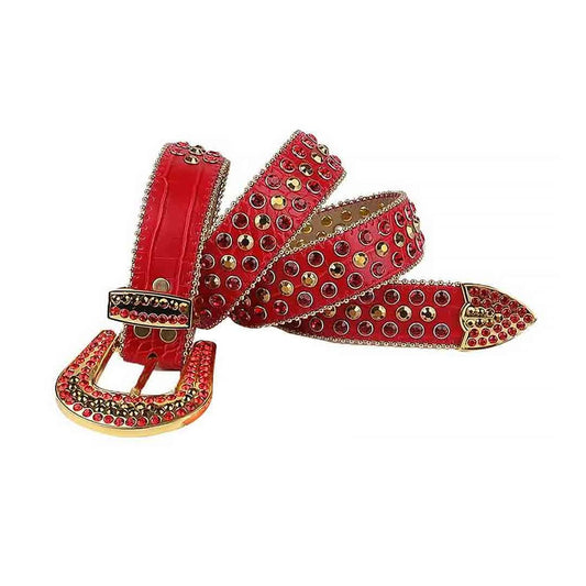 Red Strap with Red and Gold Studs Rhinestone Belt-Belts-The Rhinestone Belts