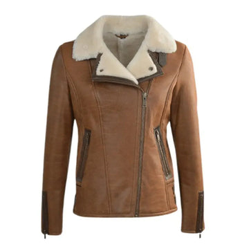 Women's Jane Aviator Faux Shearling Sheepskin Bomber Jacket-Women Shearling Jacket-Wayne Leather Jackets