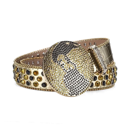 Globe Buckle with Gold and Black Studs Rhinestone Belt-Belts-The Rhinestone Belts