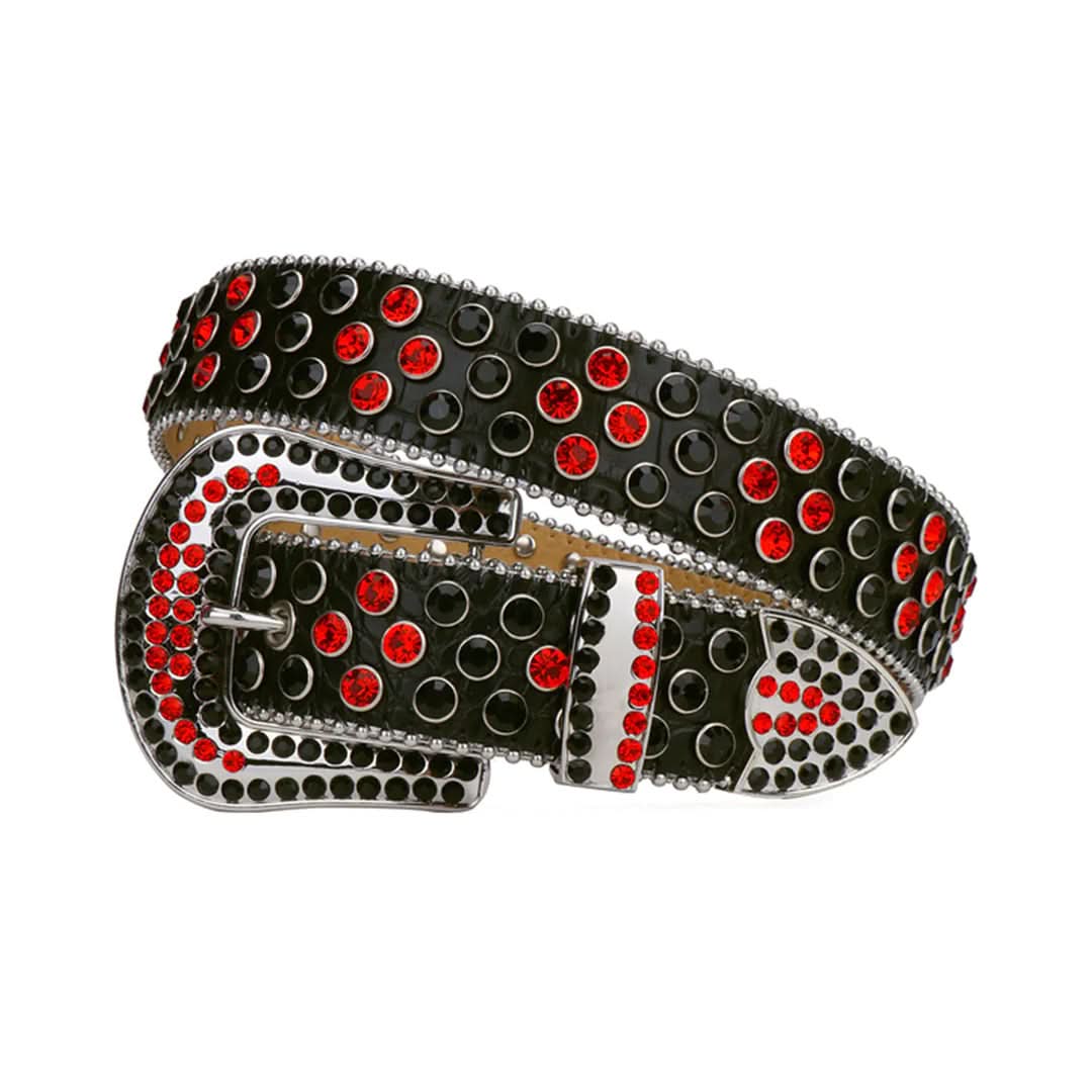 Black Strap with Red and Black Studs Rhinestone Belt-Belts-The Rhinestone Belts
