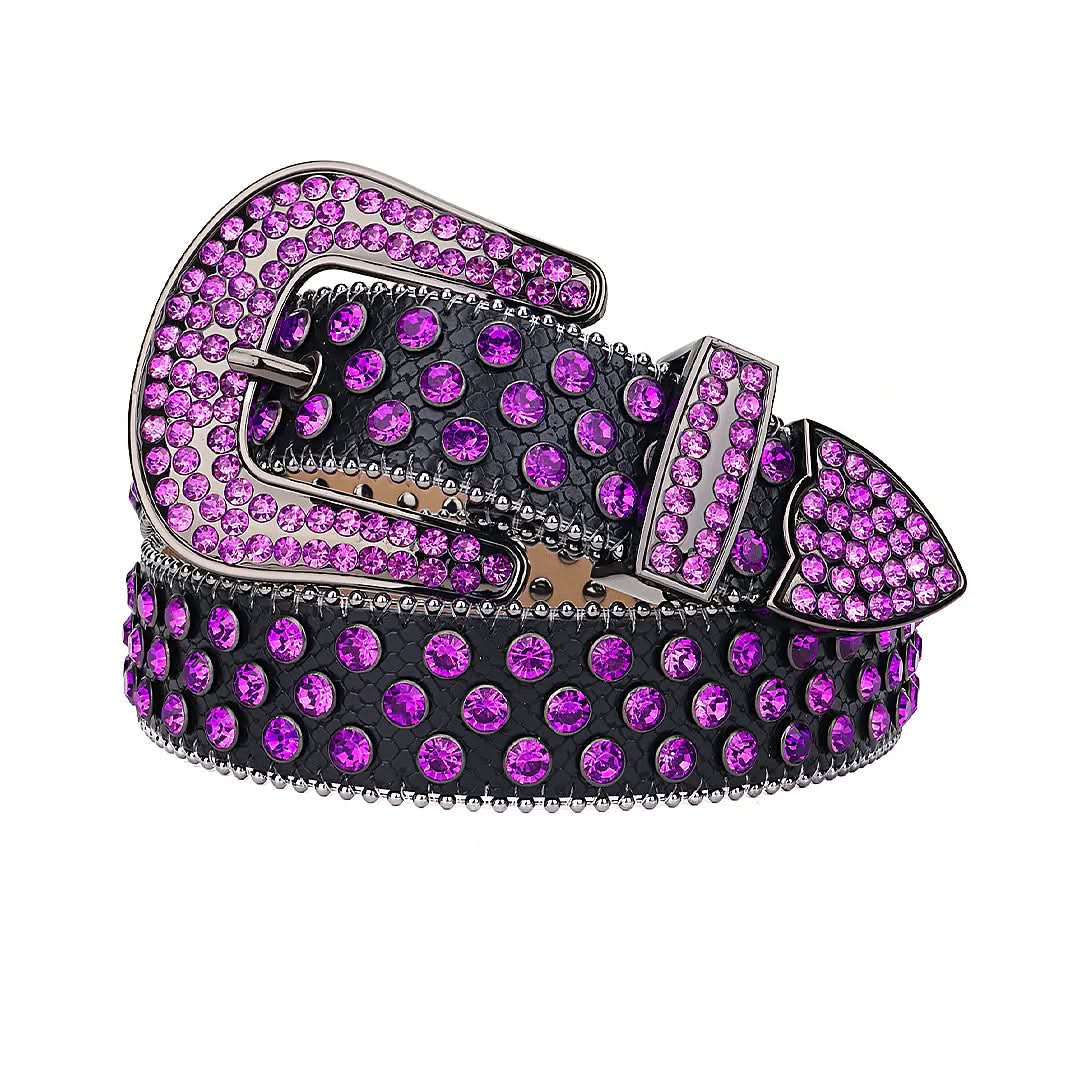 Black Strap with Purple Studs Rhinestone Belt-Belts-The Rhinestone Belts