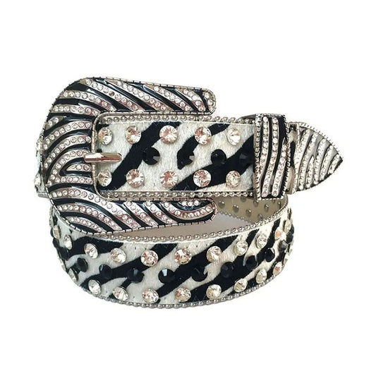 Diamond and Black Rhinestones with ZebTRB Strap Cowgirl Rhinestone Belt-Belts-The Rhinestone Belts