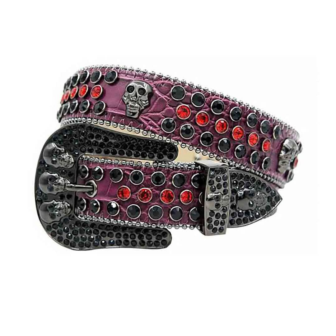 Skull Buckle Purple Strap with Black and Red Studs Rhinestone Belt-Belts-The Rhinestone Belts