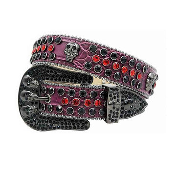 Skull Buckle Purple Strap with Black and Red Studs Rhinestone Belt-Belts-The Rhinestone Belts