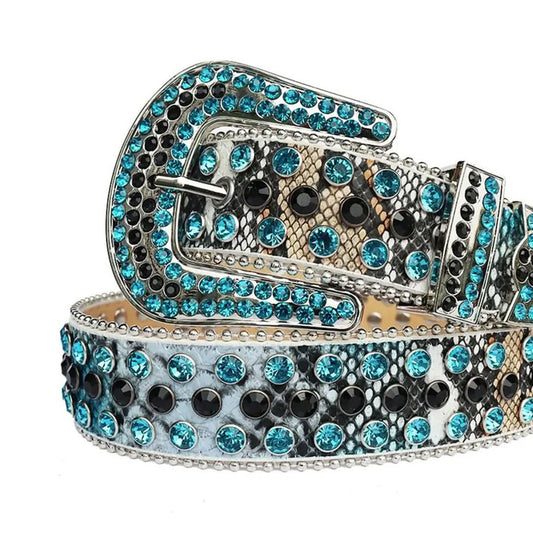 Aqua and Black Rhinestones with Snake Texture Strap Cowgirl Rhinestone Belt-Belts-The Rhinestone Belts
