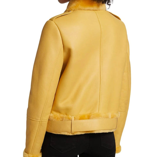 Women's Yellow Faux Shearling Leather Jacket-Women Shearling Jacket-Wayne Leather Jackets