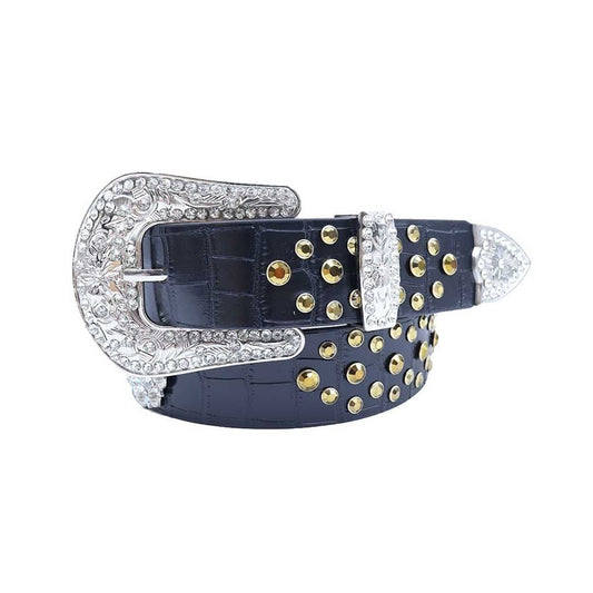 Engraved Buckle Black Strap with Gold Studded Design Rhinestone Belt-Belts-The Rhinestone Belts