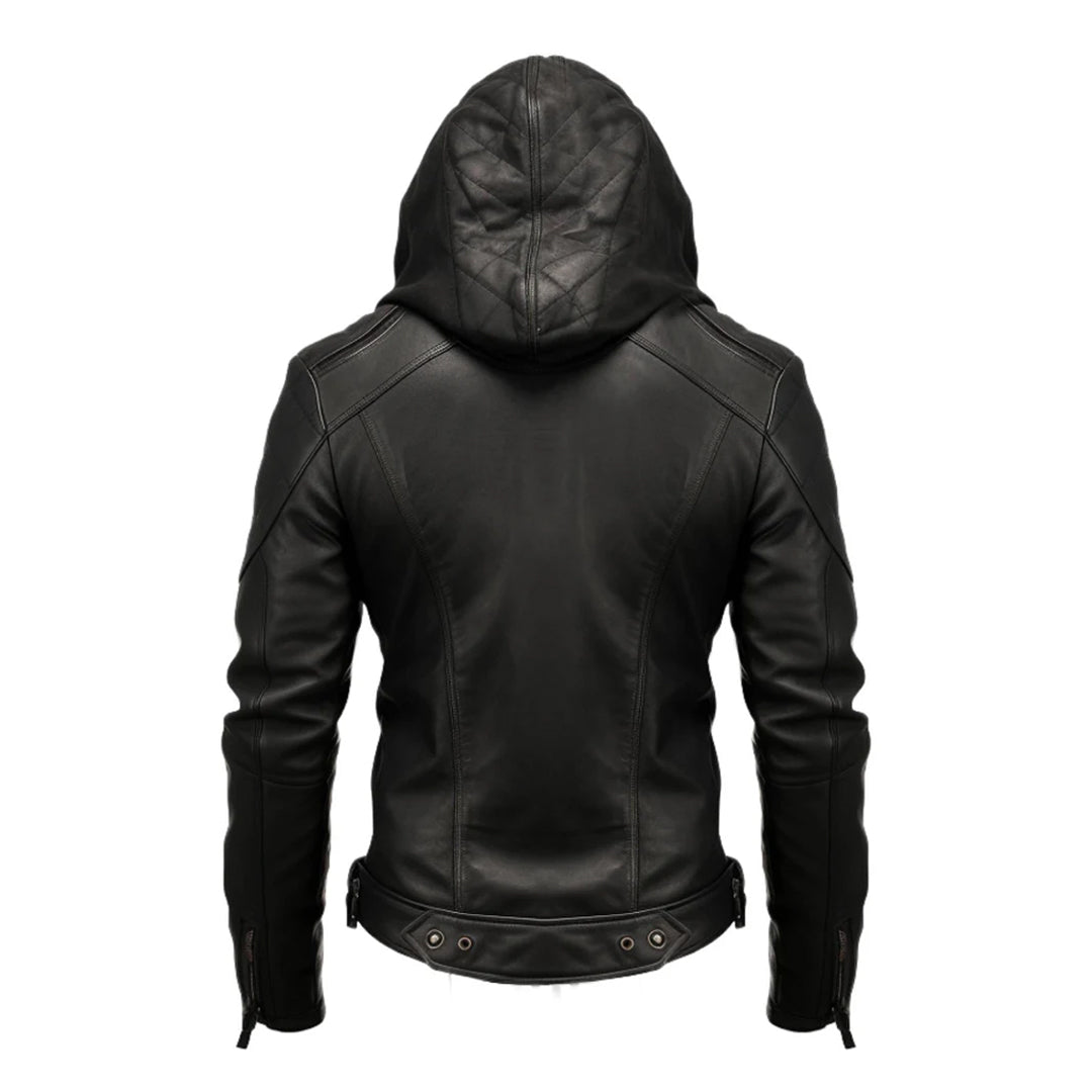 Men's Black Hooded Biker Leather Jacket