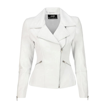 Women's White Asymmetrical Biker Leather Jacket