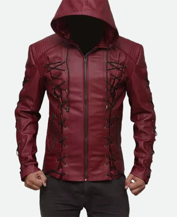 Colton Haynes Arrow Hooded Red Leather Jacket