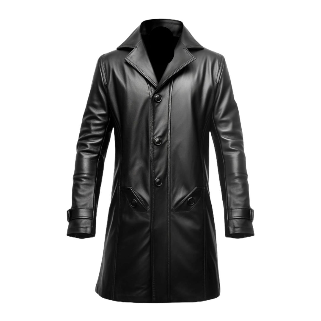 Black Button Closure Style Long Leather Coat