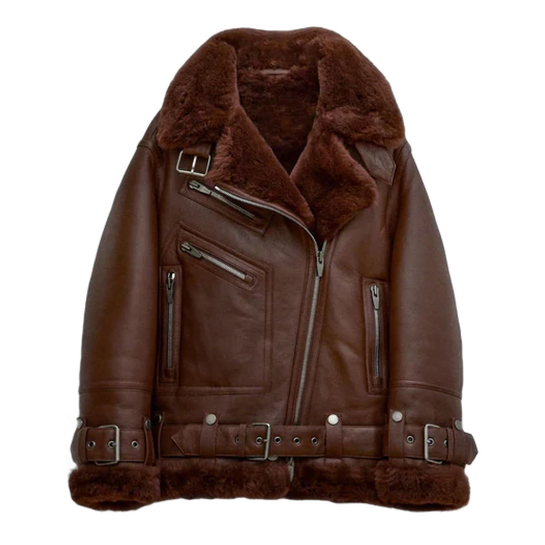 Women's Notch Faux Shearling Moto Leather Jacket-Women Shearling Jacket-Wayne Leather Jackets