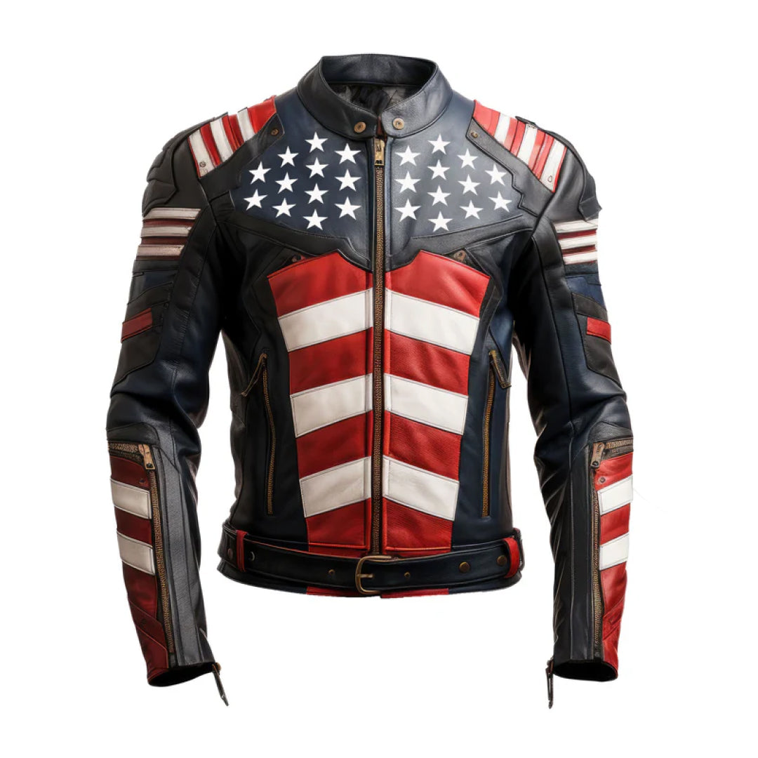 Men's American Flag Casual Motorcycle Zipper Leather Jacket