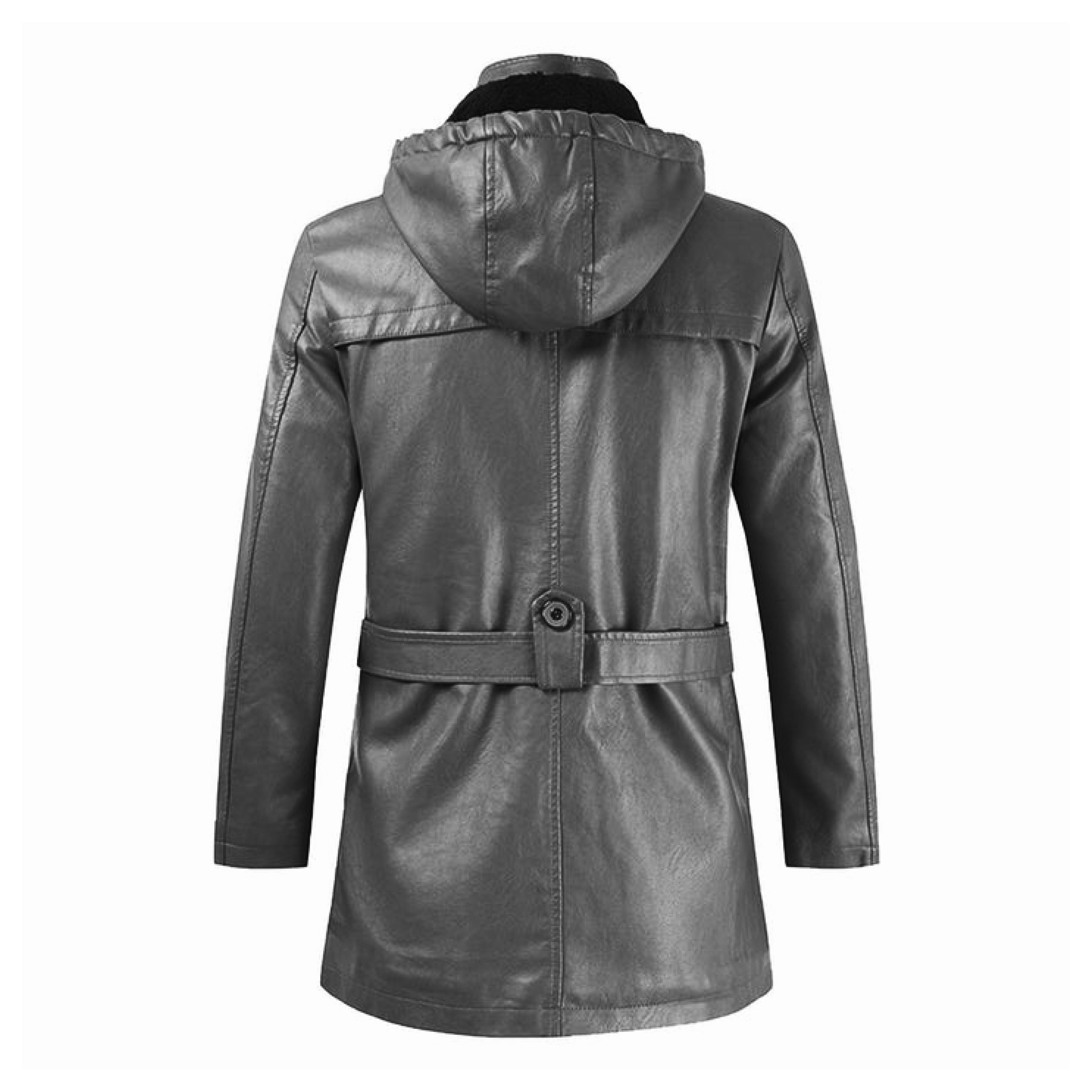 Black Fashion Hooded Long Leather Motorcycle Coat