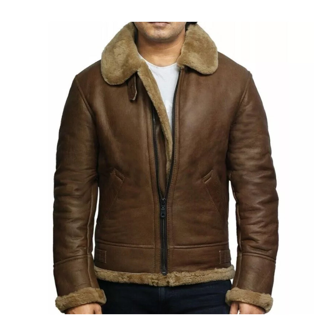 Men's Brown Vintage Shearling Bomber Leather Jacket