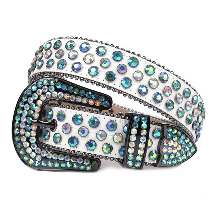 Blue Multi-Color Rhinestones with White Strap Rhinestone Belt-Belts-The Rhinestone Belts