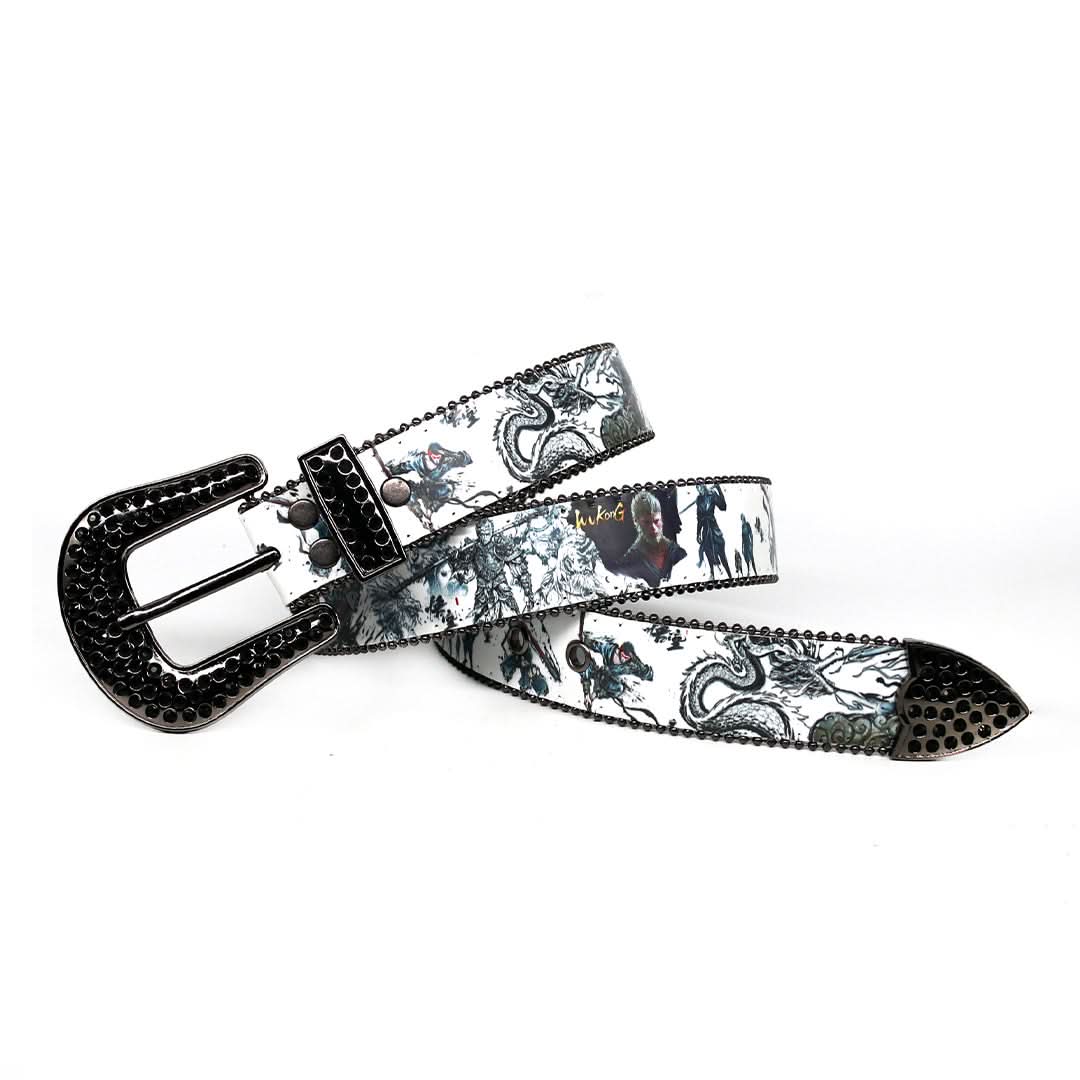 Engraved Buckle Halloween Decoration with Black Shiny Strap Rhinestone Belt-Belts-The Rhinestone Belts