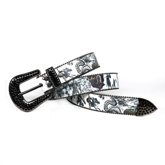 Engraved Buckle Halloween Decoration with Black Shiny Strap Rhinestone Belt-Belts-The Rhinestone Belts