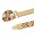 Flower Buckle Gold Strap with Multicolor Stones Rhinestone Belt-Belts-The Rhinestone Belts