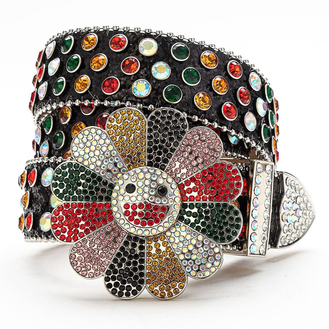 Flower Buckle Black Strap with Multicolor Stones Rhinestone Belt-Belts-The Rhinestone Belts