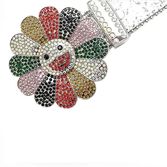 Flower Buckle Silver Strap with Multicolor Stones Rhinestone Belt-Belts-The Rhinestone Belts