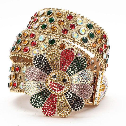Flower Buckle Gold Strap with Multicolor Stones Rhinestone Belt-Belts-The Rhinestone Belts