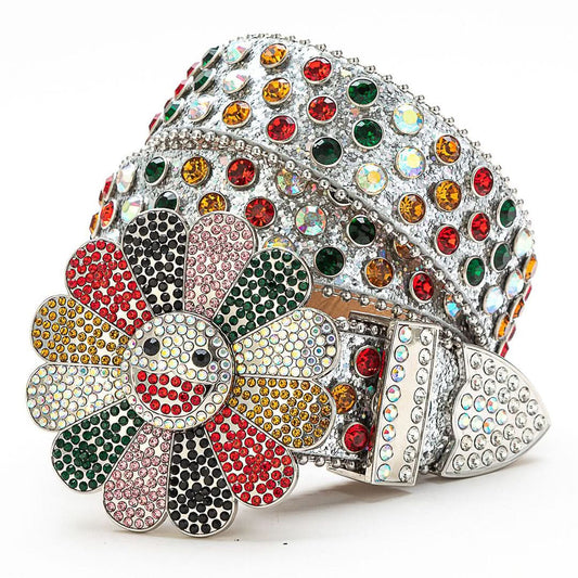 Flower Buckle Silver Strap with Multicolor Stones Rhinestone Belt-Belts-The Rhinestone Belts