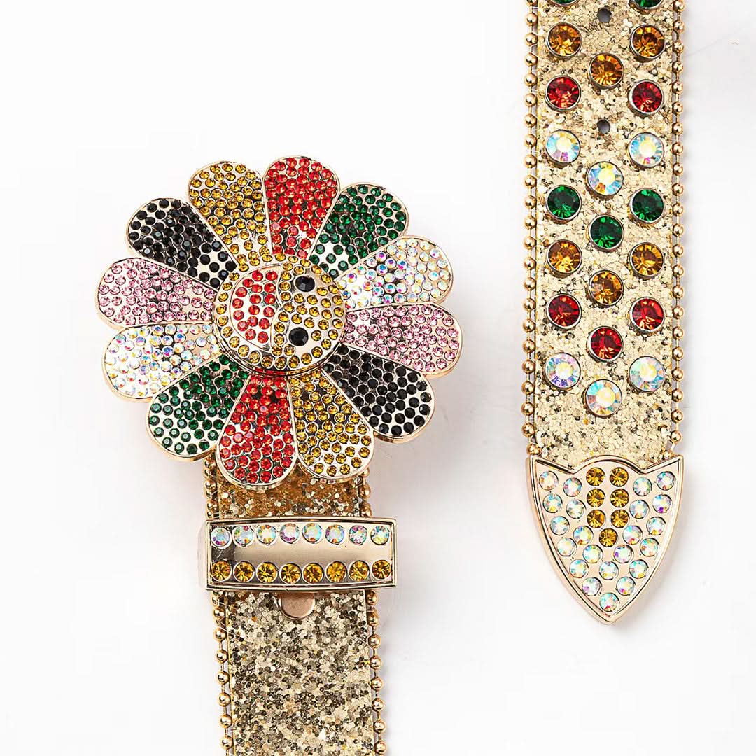 Flower Buckle Gold Strap with Multicolor Stones Rhinestone Belt-Belts-The Rhinestone Belts