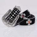 Pink Cross Engraved Buckle with Black Strap and White Stones Rhinestone Belt-Belts-The Rhinestone Belts